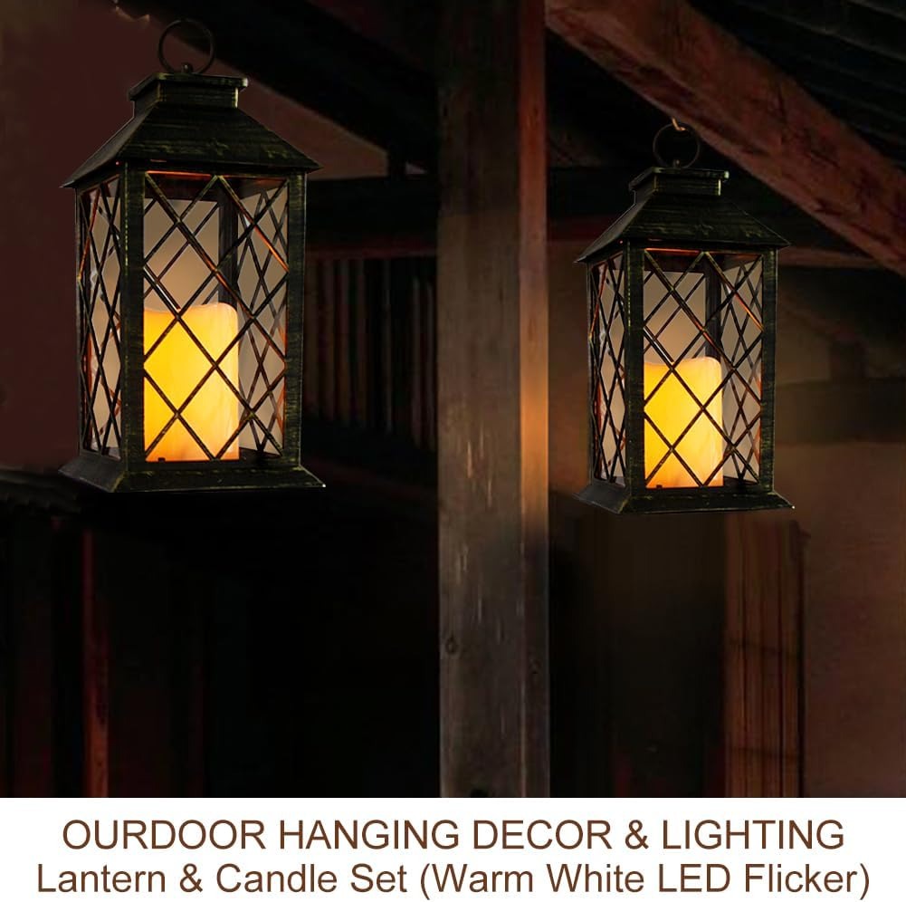 Vintage Candle Lantern with LED Pillar Candle (Black, 6hr Timer) - IP44 Waterproof Battery Powered Candle Lantern