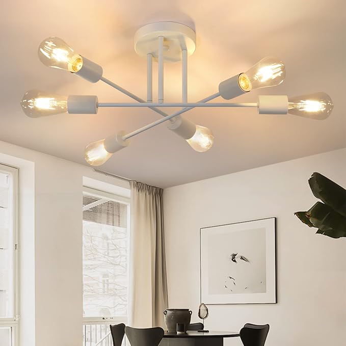 Ceiling Light Vintage Ceiling Light Living Room E27 Retro Bedroom Lamp 6 Bulbs Chandelier White Dining Table Lamp Industrial Rustic Style Lighting (Bulb Not Included)