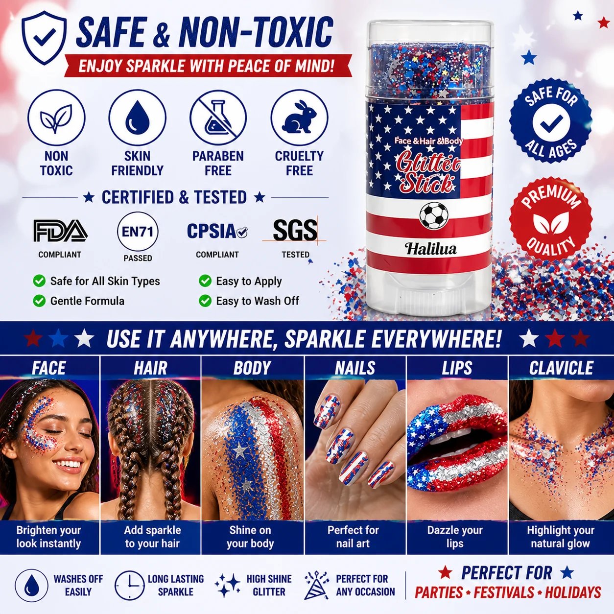 🦅4th of July Glitter Stick✨🔔Red. White & Blue Body & Hair Sparkle