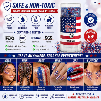 🦅4th of July Glitter Stick✨🔔Red. White & Blue Body & Hair Sparkle