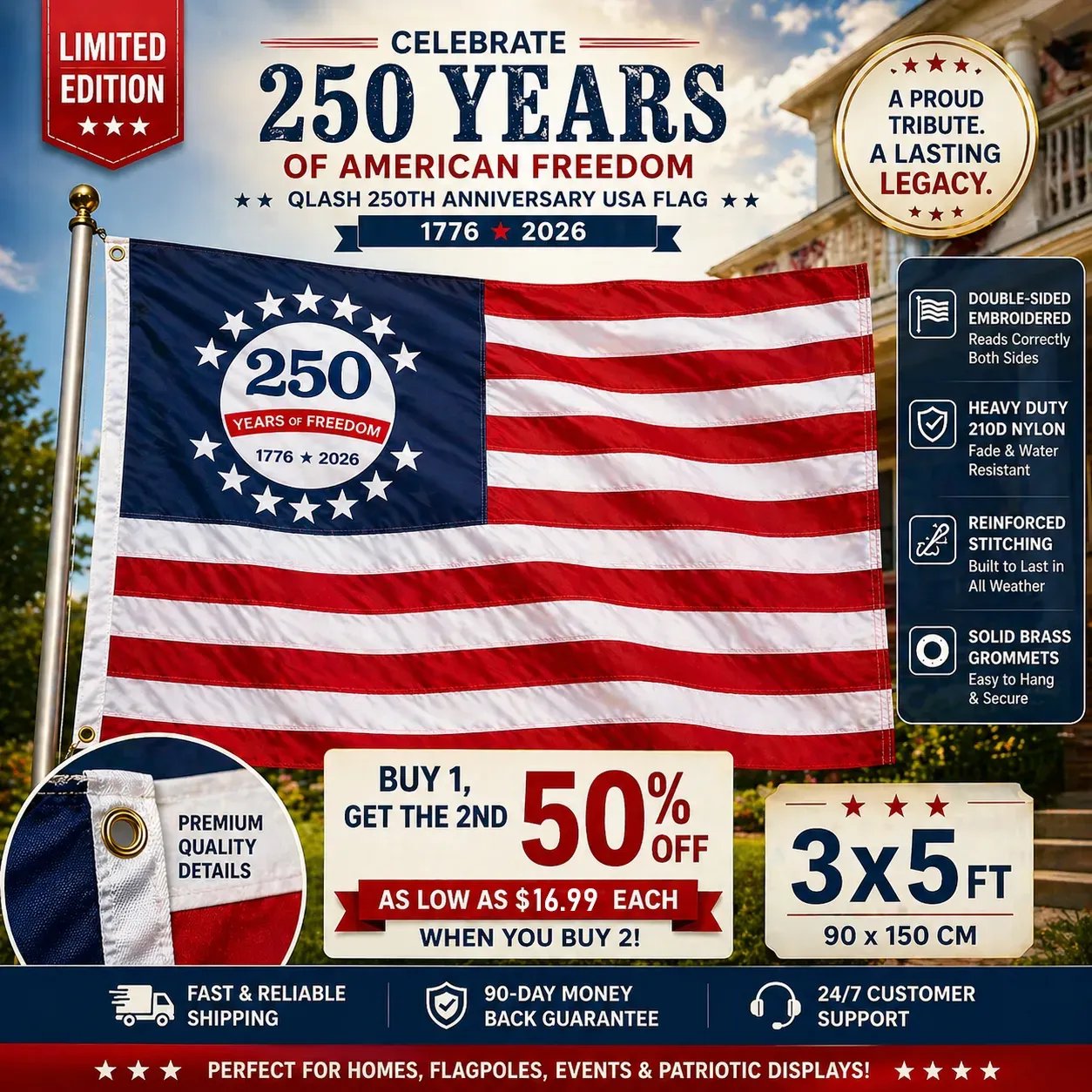 Last Day 49% OFF🔥250th Anniversary USA Commemorative Flag (3x5 Ft).Double-Sided Embroidered