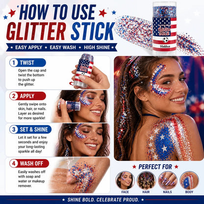 🦅4th of July Glitter Stick✨🔔Red. White & Blue Body & Hair Sparkle