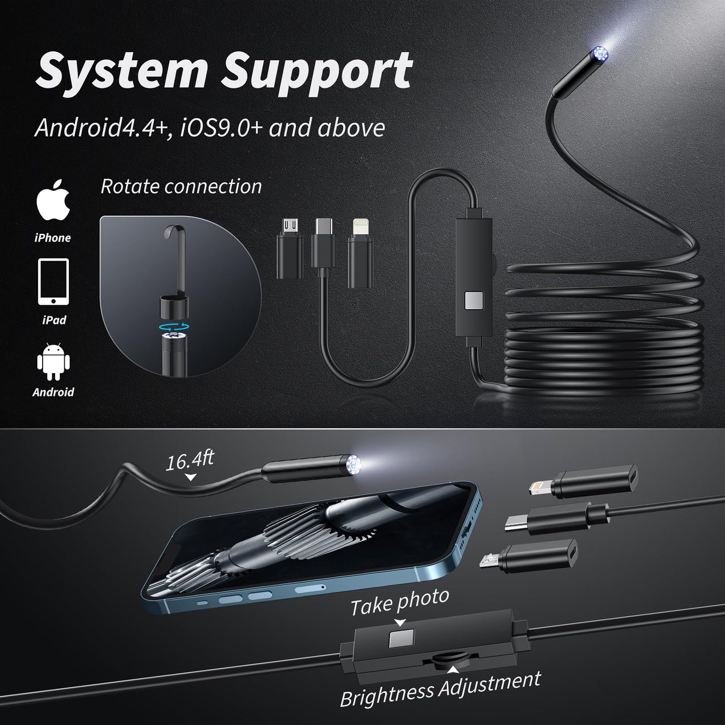 Luhaka® 🔎 Plug-and-Play Endoscope Camera – Compatible with Android & iPhone & ipad for Direct Connection