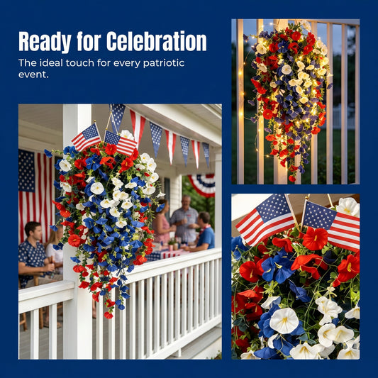 4th of July Decoration Tricolor Patriotic Artificial Flower with 3M LED light string.warm light Color.Button Remote Control