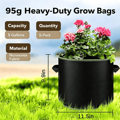 🌱 5-Pack 5 Gallon Grow Bags – Heavy Duty Aeration Fabric Pots with Handles for Vegetables. Flowers & Fruits 🪴