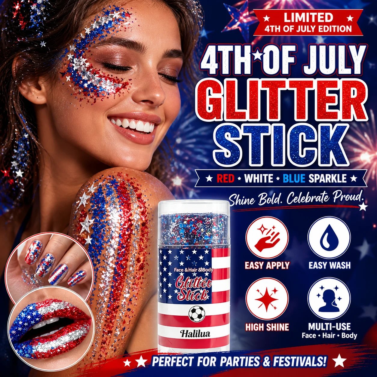 🦅4th of July Glitter Stick✨🔔Red. White & Blue Body & Hair Sparkle