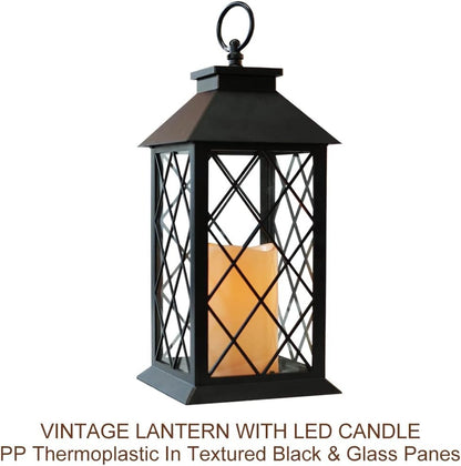 Vintage Candle Lantern with LED Pillar Candle (Black, 6hr Timer) - IP44 Waterproof Battery Powered Candle Lantern
