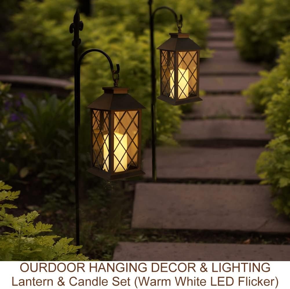 Vintage Candle Lantern with LED Pillar Candle (Black, 6hr Timer) - IP44 Waterproof Battery Powered Candle Lantern
