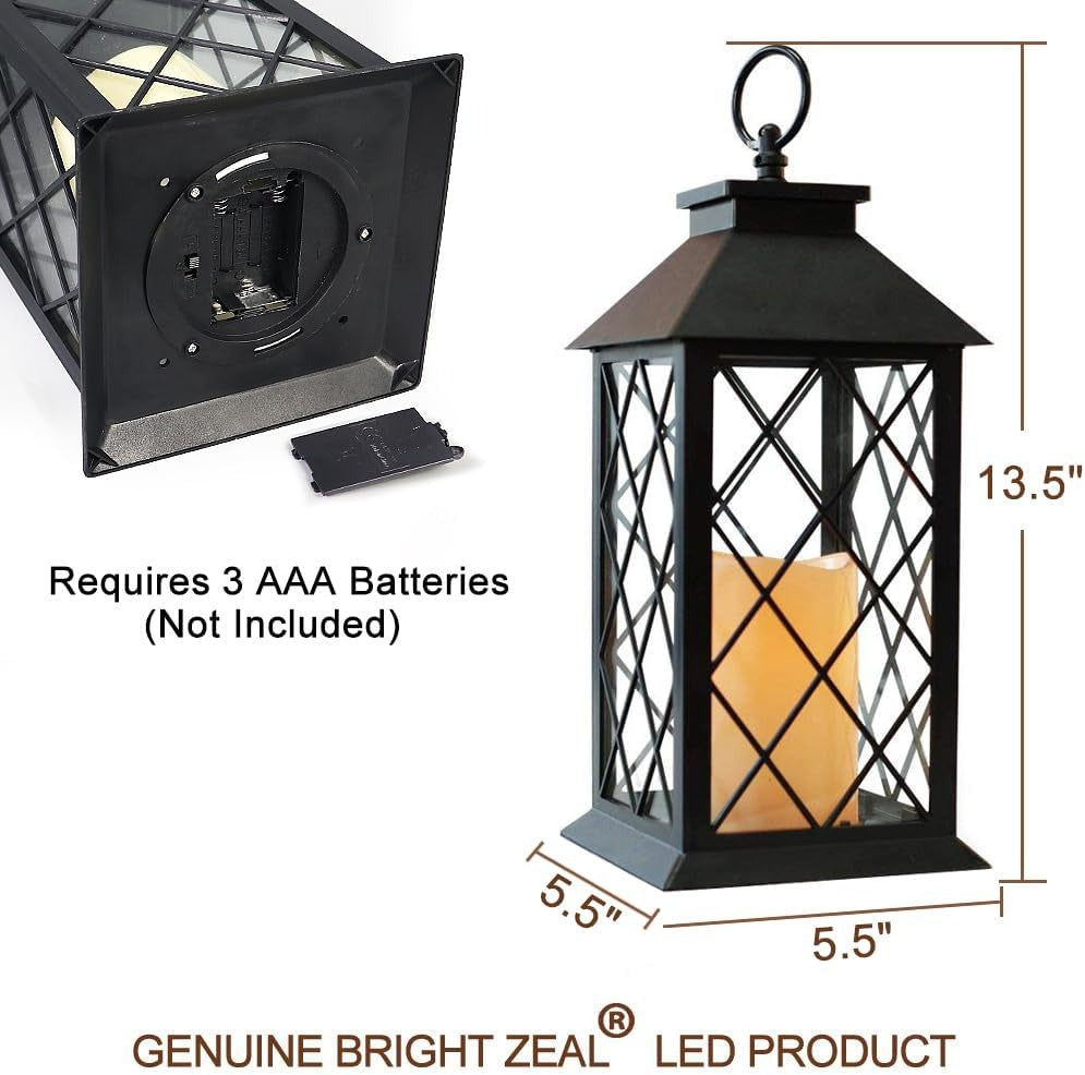 Vintage Candle Lantern with LED Pillar Candle (Black, 6hr Timer) - IP44 Waterproof Battery Powered Candle Lantern