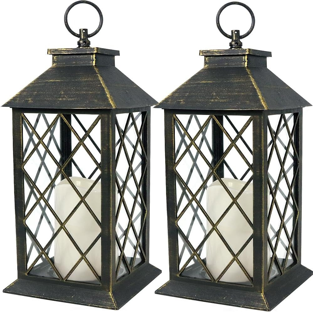 Vintage Candle Lantern with LED Pillar Candle (Black, 6hr Timer) - IP44 Waterproof Battery Powered Candle Lantern