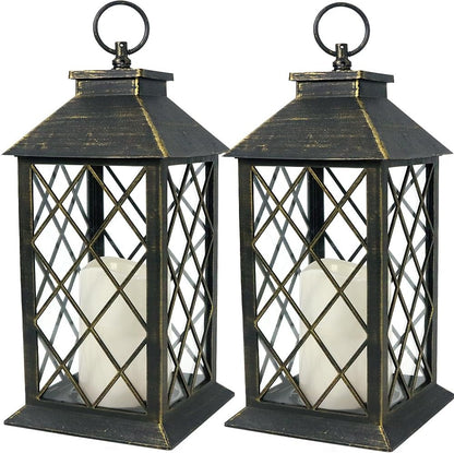 Vintage Candle Lantern with LED Pillar Candle (Black, 6hr Timer) - IP44 Waterproof Battery Powered Candle Lantern