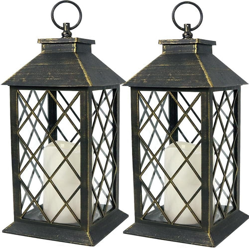 Vintage Candle Lantern with LED Pillar Candle (Black, 6hr Timer) - IP44 Waterproof Battery Powered Candle Lantern