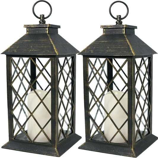 Vintage Candle Lantern with LED Pillar Candle (Black, 6hr Timer) - IP44 Waterproof Battery Powered Candle Lantern