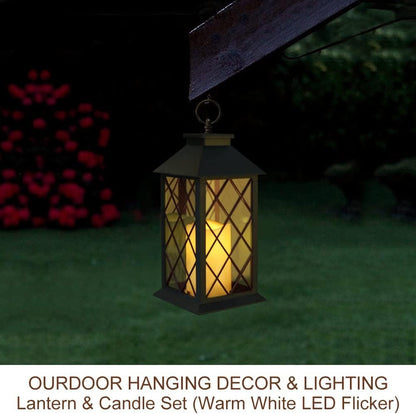 Vintage Candle Lantern with LED Pillar Candle (Black, 6hr Timer) - IP44 Waterproof Battery Powered Candle Lantern