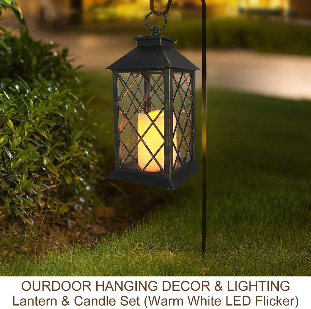 Vintage Candle Lantern with LED Pillar Candle (Black, 6hr Timer) - IP44 Waterproof Battery Powered Candle Lantern