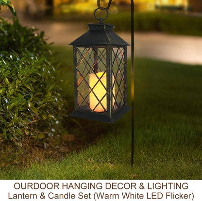 Vintage Candle Lantern with LED Pillar Candle (Black, 6hr Timer) - IP44 Waterproof Battery Powered Candle Lantern